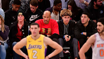 NEW YORK, NY - DECEMBER 12: Tina Ball, Lonzo Ball, LaVar Ball, LaMelo Ball and LiAngelo Ball attend the Los Angeles Lakers Vs New York Knicks game at Madison Square Garden on December 12, 2017 in New York City. (Photo by James Devaney/Getty Images)