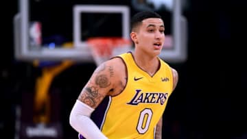 LOS ANGELES, CA - JANUARY 23: Kyle Kuzma #0 of the Los Angeles Lakers reacts after his third three pointer during a 108-107 win over the Boston Celtics at Staples Center on January 23, 2018 in Los Angeles, California. (Photo by Harry How/Getty Images)