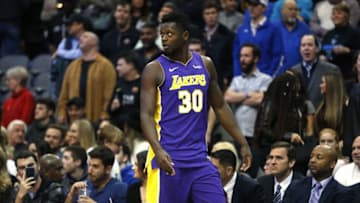 DALLAS, TX - FEBRUARY 10: Julius Randle #30 of the Los Angeles Lakers leaves the game after fouling out against the Dallas Mavericks in the second half at American Airlines Center on February 10, 2018 in Dallas, Texas. The Mavericks won 130-123. (Photo by Ron Jenkins/Getty Images)