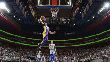 DETROIT, MI - MARCH 26: Lonzo Ball #2 of the Los Angeles Lakers dunks the ball against the Detroit Pistons on March 26, 2018 at Little Caesars Arena in Detroit, Michigan. NOTE TO USER: User expressly acknowledges and agrees that, by downloading and/or using this photograph, user is consenting to the terms and conditions of the Getty Images License Agreement. Mandatory Copyright Notice: Copyright 2018 NBAE (Photo by Chris Schwegler/NBAE via Getty Images)