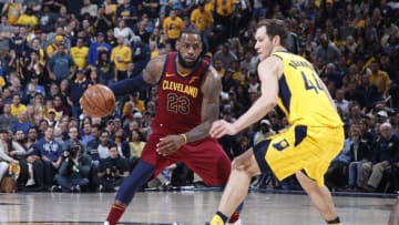 INDIANAPOLIS, IN - APRIL 22: LeBron James #23 of the Cleveland Cavaliers drives against Bojan Bogdanovic #44 of the Indiana Pacers in the second half of game four of the NBA Playoffs at Bankers Life Fieldhouse on April 22, 2018 in Indianapolis, Indiana. The Cavaliers won 104-100. NOTE TO USER: User expressly acknowledges and agrees that, by downloading and or using the photograph, User is consenting to the terms and conditions of the Getty Images License Agreement. (Photo by Joe Robbins/Getty Images)
