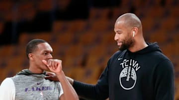 LOS ANGELES, CA - APRIL 4: Rajon Rondo #9 of the Los Angeles Lakers greets DeMarcus Cousins #0 of the Golden State Warriors before the game on April 4, 2019 at STAPLES Center in Los Angeles, California. NOTE TO USER: User expressly acknowledges and agrees that, by downloading and/or using this Photograph, user is consenting to the terms and conditions of the Getty Images License Agreement. Mandatory Copyright Notice: Copyright 2019 NBAE (Photo by Chris Elise/NBAE via Getty Images)