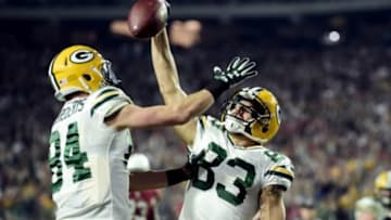 Jan 16, 2016; Glendale, AZ, USA; Green Bay Packers wide receiver Jeff Janis (83) celebrates with wide receiver Jared Abbrederis (84) after scoring a touchdown against the Arizona Cardinals during the third quarter in a NFC Divisional round playoff game at University of Phoenix Stadium. Matt Kartozian-USA TODAY Sports