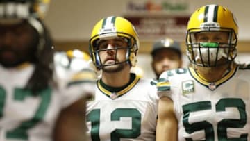 Jan 10, 2016; Landover, MD, USA; Green Bay Packers quarterback Aaron Rodgers (12) and inside linebacker Clay Matthews (52) walks to the field prior to their NFC Wild Card playoff football game against the Washington Redskins at FedEx Field. Mandatory Credit: Geoff Burke-USA TODAY Sports