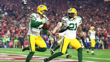 Jan 16, 2016; Glendale, AZ, USA; Green Bay Packers cornerback Damarious Randall (23) celebrates with free safety Ha Ha Clinton-Dix (21) after intercepting a pass against the Arizona Cardinals in the second half in a NFC Divisional round playoff game at University of Phoenix Stadium. Mandatory Credit: Mark J. Rebilas-USA TODAY Sports