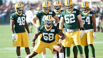 Green Bay Packers Sam Barrington (58)takes part in a defensive drill during training camp at Ray Nitschke Field. Mandatory Credit: Benny Sieu-USA TODAY Sports