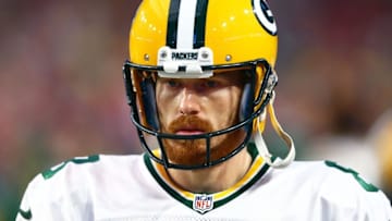 Dec 27, 2015; Glendale, AZ, USA; Green Bay Packers punter Tim Masthay (8) against the Arizona Cardinals at University of Phoenix Stadium. The Cardinals defeated the Packers 38-8. Mandatory Credit: Mark J. Rebilas-USA TODAY Sports