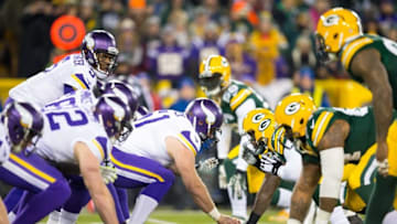 Jan 3, 2016; Green Bay, WI, USA; The Minnesota Vikings line up for a play during the game against the Green Bay Packers at Lambeau Field. Minnesota won 20-13. Mandatory Credit: Jeff Hanisch-USA TODAY Sports