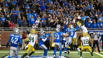 Dec 3, 2015; Detroit, MI, USA; Green Bay Packers tight end Richard Rodgers (82) catches a game winning touchdown pass from quarterback Aaron Rodgers (not pictured) during the fourth quarter against the Detroit Lions at Ford Field. Green Bay won 27-23. Mandatory Credit: Tim Fuller-USA TODAY Sports