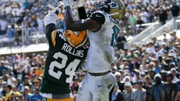Green Bay Packers cornerback Quinten Rollins defends Jacksonville Jaguars wide receiver Allen Robinson (15) in the fourth quarter at EverBank Field. Logan Bowles-USA TODAY Sports