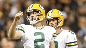 Oct 26, 2014; New Orleans, LA, USA; Green Bay Packers kicker Mason Crosby (2) reacts after making a field goal against the New Orleans Saints during the first quarter of a game at the Mercedes-Benz Superdome. Mandatory Credit: Derick E. Hingle-USA TODAY Sports