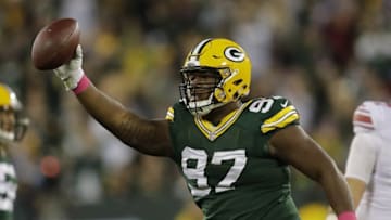Oct 9, 2016; Green Bay, WI, USA; Green Bay Packers defender Kenny Clark celebrates after recovering a fumble by the New York Giants in the second quarter at Lambeau Field. Mandatory Credit: Dan Powers/The Post-Crescent via USA TODAY Sports
