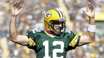 Sep 25, 2016; Green Bay, WI, USA; Green Bay Packers quarterback Aaron Rodgers celebrates a first half touchdown pass against the Detroit Lions at Lambeau Field. Mandatory Credit: William Glasheen/The Post-Crescent via USA TODAY Sports