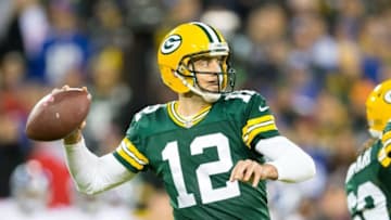 Oct 9, 2016; Green Bay, WI, USA; Green Bay Packers quarterback Aaron Rodgers (12) during the game against the New York Giants at Lambeau Field. Green Bay won 23-16. Mandatory Credit: Jeff Hanisch-USA TODAY Sports