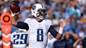 Nov 6, 2016; San Diego, CA, USA; Tennessee Titans quarterback Marcus Mariota (8) throws a pass during the second quarter against the San Diego Chargers at Qualcomm Stadium. Mandatory Credit: Orlando Ramirez-USA TODAY Sports