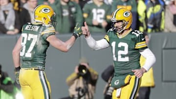 Dec 24, 2016; Green Bay, WI, USA; Green Bay Packers wide receiver Jordy Nelson (87) and quarterback Aaron Rodgers (12) celebrate a touchdown completion in the second quarter against the Minnesota Vikings at Lambeau Field. Mandatory Credit: Jim Matthews/USA TODAY NETWORK-Wisconsin via USA TODAY Sports