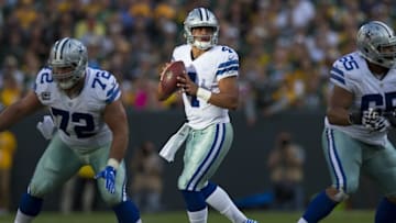 Oct 16, 2016; Green Bay, WI, USA; Dallas Cowboys quarterback Dak Prescott (4) prepares to throw the ball during the second quarter against the Green Bay Packers at Lambeau Field. Mandatory Credit: Jeff Hanisch-USA TODAY Sports