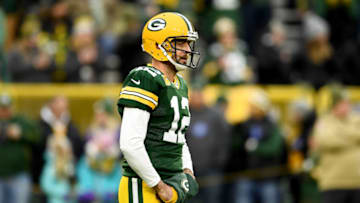 GREEN BAY, WISCONSIN - NOVEMBER 10: Aaron Rodgers #12 of the Green Bay Packers warms up prior to the game against the Carolina Panthers at Lambeau Field on November 10, 2019 in Green Bay, Wisconsin. (Photo by Stacy Revere/Getty Images)