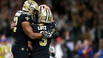 NEW ORLEANS, LOUISIANA - NOVEMBER 24: Wil Lutz #3 of the New Orleans Saints celebrates celebrates after kicking a field goal to win the game during a NFL game against the Carolina Panthers at the Mercedes Benz Superdome on November 24, 2019 in New Orleans, Louisiana. (Photo by Sean Gardner/Getty Images)