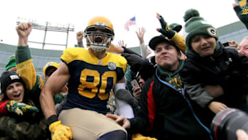 GREEN BAY, WI - SEPTEMBER 30: Jimmy Graham #80 of the Green Bay Packers celebrates with fans after scoring a touchdown during the first quarter of a game against the Buffalo Bills at Lambeau Field on September 30, 2018 in Green Bay, Wisconsin. (Photo by Dylan Buell/Getty Images)