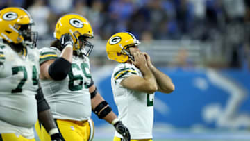 DETROIT, MI - OCTOBER 07: Kicker Mason Crosby #2 of the Green Bay Packers reacts to missing his fourth field goal attempt in the game against the Detroit Lions at Ford Field on October 7, 2018 in Detroit, Michigan. The Detroit Lions defeated the Green Bay Packers 31-23. (Photo by Leon Halip/Getty Images)