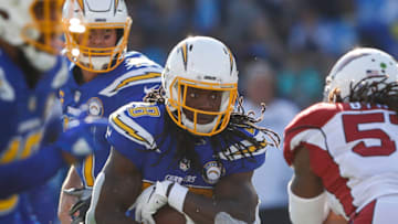 CARSON, CA - NOVEMBER 25: Running back Melvin Gordon #28 of the Los Angeles Chargers makes a run play in the second quarter against the Arizona Cardinals at StubHub Center on November 25, 2018 in Carson, California. (Photo by Sean M. Haffey/Getty Images)