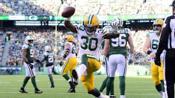 EAST RUTHERFORD, NJ - DECEMBER 23: Jamaal Williams #30 of the Green Bay Packers celebrates after scoring a touchdown against the New York Jets during the second quarter at MetLife Stadium on December 23, 2018 in East Rutherford, New Jersey. (Photo by Steven Ryan/Getty Images)