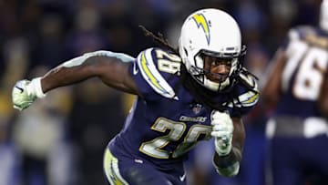 CARSON, CA - DECEMBER 22: Melvin Gordon #28 of the Los Angeles Chargers runs on a pass play during the second half of a game against the Baltimore Ravens at StubHub Center on December 22, 2018 in Carson, California. (Photo by Sean M. Haffey/Getty Images)