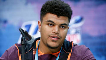 INDIANAPOLIS, IN - FEBRUARY 28: Offensive lineman Andre Dillard of Washington State speaks to the media during day one of interviews at the NFL Combine at Lucas Oil Stadium on February 28, 2019 in Indianapolis, Indiana. (Photo by Joe Robbins/Getty Images)