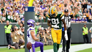 GREEN BAY, WISCONSIN - SEPTEMBER 15: Geronimo Allison #81 of the Green Bay Packers celebrates after scoring a touchdown in the first quarter against the Minnesota Vikings at Lambeau Field on September 15, 2019 in Green Bay, Wisconsin. (Photo by Quinn Harris/Getty Images)