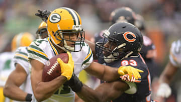 CHICAGO, IL - NOVEMBER 12: Trevor Davis #11 of the Green Bay Packers carries the football against Sam Acho #93 of the Chicago Bears in the second quarter at Soldier Field on November 12, 2017 in Chicago, Illinois. (Photo by Stacy Revere/Getty Images)