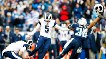 NASHVILLE, TN - DECEMBER 24: Kicker Sam Ficken #5 of the Los Angeles Rams kicks a field goal against the Tennessee Titiansat Nissan Stadium on December 24, 2017 in Nashville, Tennessee. (Photo by Wesley Hitt/Getty Images)