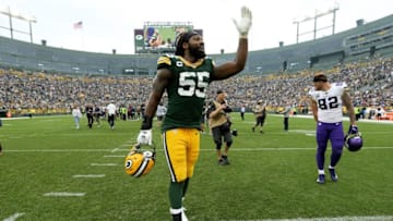 GREEN BAY, WISCONSIN - SEPTEMBER 15: Za'Darius Smith #55 of the Green Bay Packers celebrates after beating the Minnesota Vikings 21-16 at Lambeau Field on September 15, 2019 in Green Bay, Wisconsin. (Photo by Dylan Buell/Getty Images)