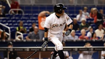 Apr 21, 2016; Miami, FL, USA; Miami Marlins right fielder Ichiro Suzuki (51) connects for a base hit during the fifth inning against the Washington Nationals at Marlins Park. The Marlins won 5-1. Mandatory Credit: Steve Mitchell-USA TODAY Sports