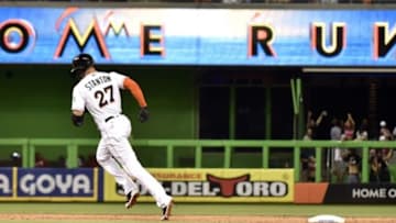 May 6, 2016; Miami, FL, USA; Miami Marlins right fielder Giancarlo Stanton (27) rounds the bases after hitting a two run homer during the eighth inning against the Philadelphia Phillies at Marlins Park. The Marlins won 6-4. Mandatory Credit: Steve Mitchell-USA TODAY Sports