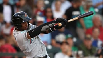 SURPRISE, AZ - NOVEMBER 03: AFL East All-Star, Monte Harrison #4 of the Miami Marlins bats during the Arizona Fall League All Star Game at Surprise Stadium on November 3, 2018 in Surprise, Arizona. (Photo by Christian Petersen/Getty Images)