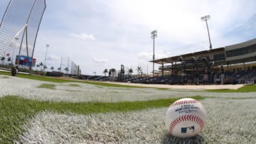 WEST PALM BEACH, FL - MARCH 13: A baseball sits on the field before a spring training baseball game between the the Atlanta Braves and the Washington Nationals at Fitteam Ballpark of the Palm Beaches on March 13, 2019 in West Palm Beach, Florida. (Photo by Rich Schultz/Getty Images)