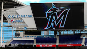 MIAMI, FL - MARCH 29: A general view of the new Marlins logo on the scoreboard at Marlins Park prior to the game between the Miami Marlins and the Colorado Rockies at Marlins Park on March 29, 2019 in Miami, Florida. (Photo by Mark Brown/Getty Images)