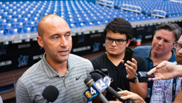 MIAMI, FL - MAY 29: Chief Executive Officer of the Miami Marlins Derek Jeter speaks with the media prior to the game between the Miami Marlins and the San Francisco Giants at Marlins Park on May 29, 2019 in Miami, Florida. (Photo by Mark Brown/Getty Images)