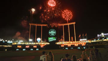 KANSAS CITY, MO - JULY 3: Nicky Lopez #1 of the Kansas City Royals was among those who stayed after their game with the Cleveland Indians for fireworks at Kauffman Stadium on July 3, 2019 in Kansas City, Missouri. (Photo by Reed Hoffmann/Getty Images)