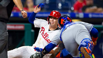 PHILADELPHIA, PA - AUGUST 30: Rene Rivera #44 of the New York Mets tags out Corey Dickerson #31 of the Philadelphia Phillies at home plate in the bottom of the fifth inning at Citizens Bank Park on August 30, 2019 in Philadelphia, Pennsylvania. The Mets defeated the Phillies 11-5. (Photo by Mitchell Leff/Getty Images)