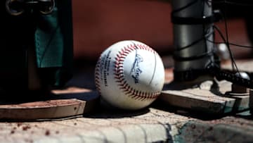WASHINGTON, DC - SEPTEMBER 04: A baseball sits in the dugout during the New York Mets and Washington Nationals game at Nationals Park on September 04, 2019 in Washington, DC. (Photo by Rob Carr/Getty Images)