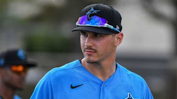 JUPITER, FLORIDA - FEBRUARY 19: JJ Bleday #67 of the Miami Marlins performs drills during team workouts at Roger Dean Chevrolet Stadium on February 19, 2020 in Jupiter, Florida. (Photo by Mark Brown/Getty Images)