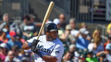 JUPITER, FLORIDA - FEBRUARY 23: Jesus Aguilar #24 of the Miami Marlins at bat during the spring training game against the Washington Nationals at Roger Dean Chevrolet Stadium on February 23, 2020 in Jupiter, Florida. (Photo by Mark Brown/Getty Images)