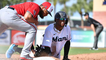 JUPITER, FLORIDA - FEBRUARY 23: Monte Harrison #60 of the Miami Marlins in action during the spring training game against the Washington Nationals at Roger Dean Chevrolet Stadium on February 23, 2020 in Jupiter, Florida. (Photo by Mark Brown/Getty Images)