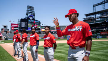 DENVER, CO - JULY 10: Elijah Green is announced prior to the Major League Baseball All-Star High School Home Run Derby Finals at Coors Field on July 10, 2021 in Denver, Colorado. (Photo by Matt Dirksen/Colorado Rockies/Getty Images)