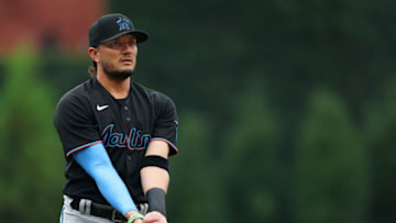 PHILADELPHIA, PA - JULY 17: Miguel Rojas #19 of the Miami Marlins warms up before a game against the Philadelphia Phillies at Citizens Bank Park on July 17, 2021 in Philadelphia, Pennsylvania. (Photo by Rich Schultz/Getty Images)