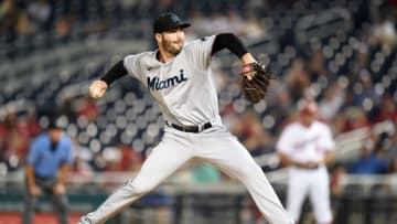WASHINGTON, DC - JULY 20: John Curtiss #39 of the Miami Marlins pitches against the Washington Nationals at Nationals Park on July 20, 2021 in Washington, DC. (Photo by G Fiume/Getty Images)