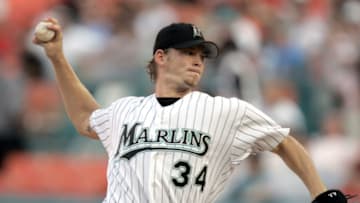 MIAMI - JUNE 15: Pitcher A.J. Burnett #34 of the Florida Marlins pitches against the Chicago White Sox on June 15, 2004 at Pro Player Stadium in Miami, Florida. (Photo by Eliot J. Schechter/Getty Images)