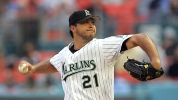 MIAMI - JUNE 9: Starting pitcher Josh Beckett #21 of the Florida Marlins pitches during the game against the Seattle Mariners on June 9, 2005 at Dolphins Stadium in Miami, Florida. (Photo By Jamie Squire/Getty Images)